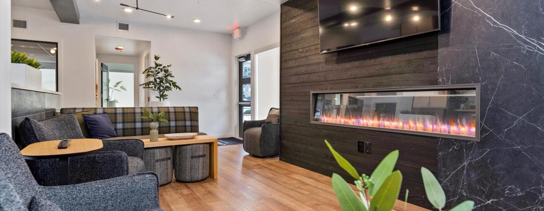 a living room with a fireplace