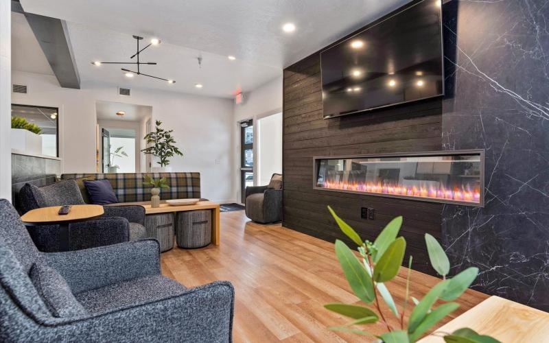 a living room with a fireplace